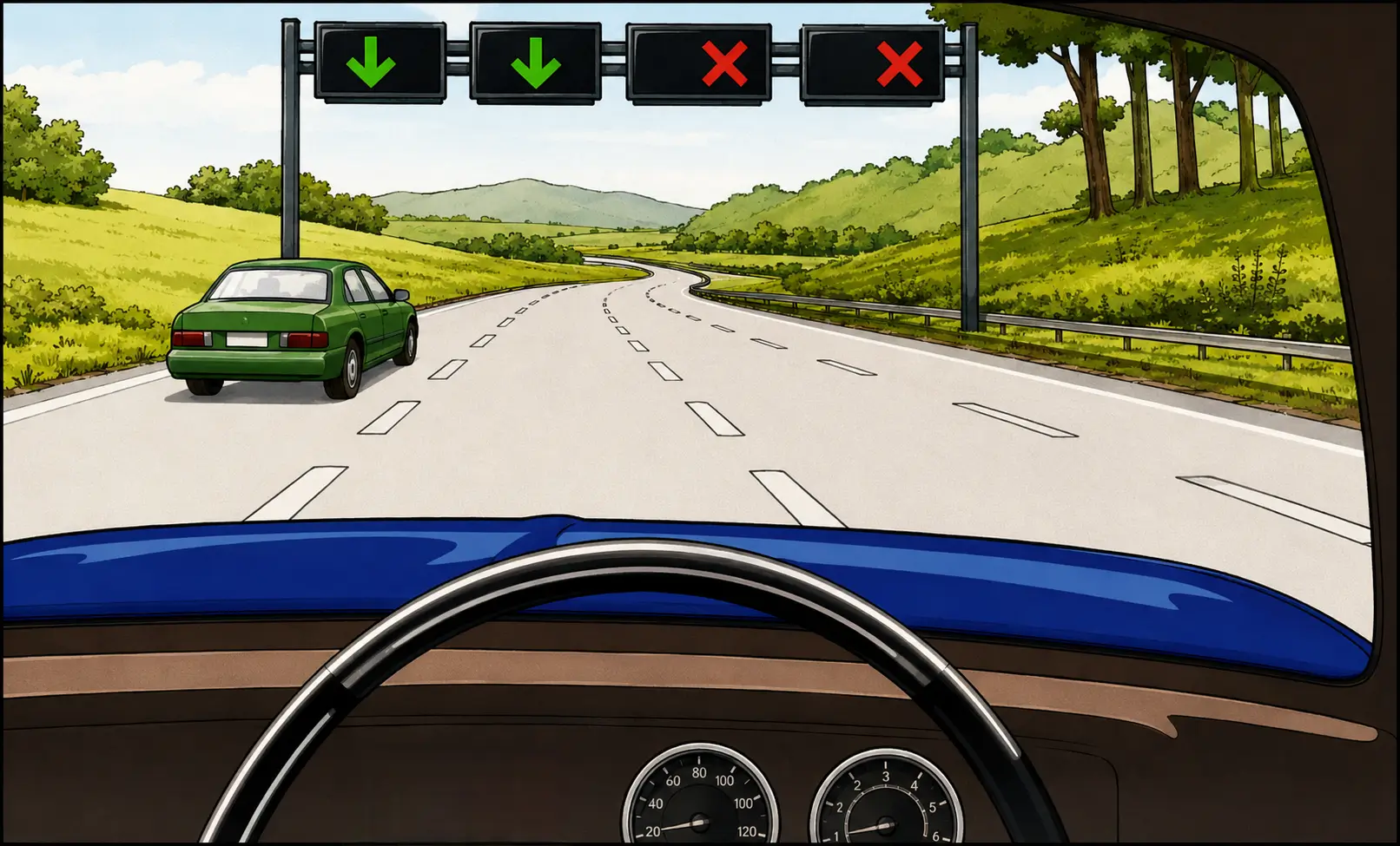 Overhead lane control signs showing green arrows for lanes 1 and 2, red X for lanes 3 and 4